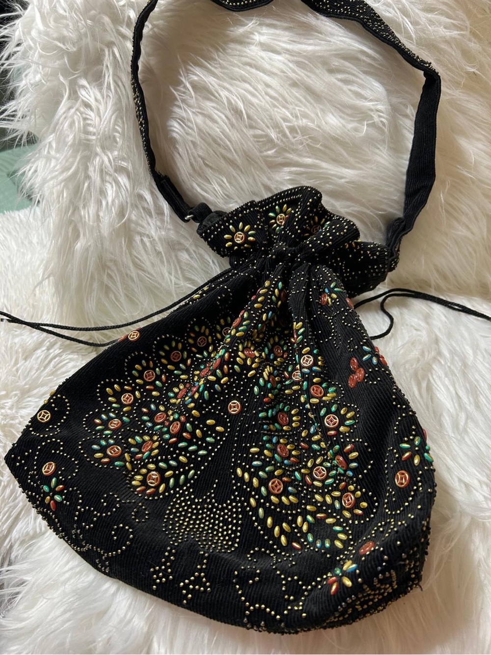 Black Beaded Drawstring Shoulder Bag